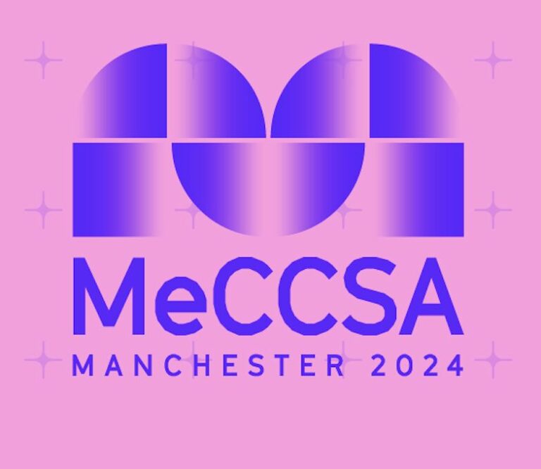 Blue Meccsa 2024 logo with a pink background