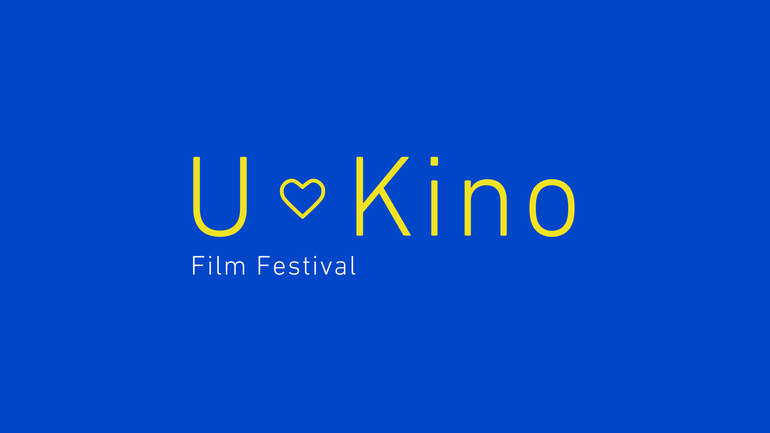 U heart Kino in yellow text on a Blue background in the colours of the Ukrainian flag.